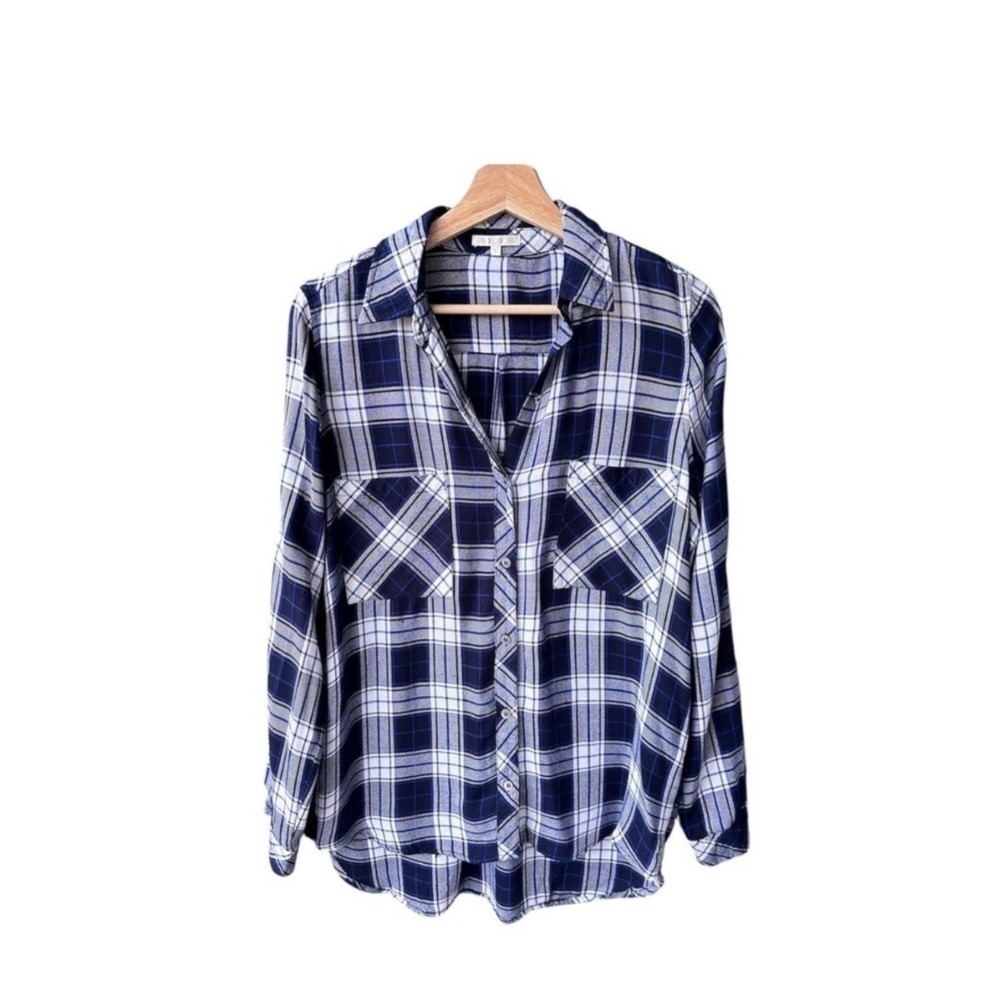 Laju Button Shirt Top Blouse Navy Blue White Plaid Rayon Roll Tab Sleeve Medium